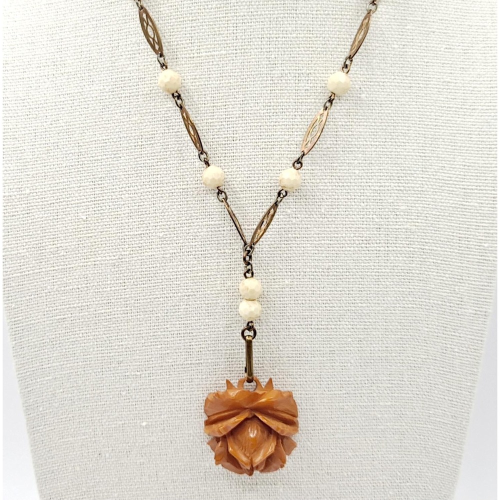 Antique Germany Bakelite Rose Necklace Brasstone Chain Links Cream Faceted Beads